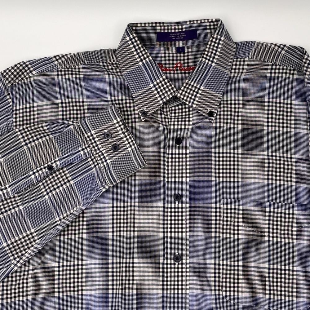 Alan Flusser Shirt Mens L Plaid Cotton Blue Black White Long Sleeve Button Down